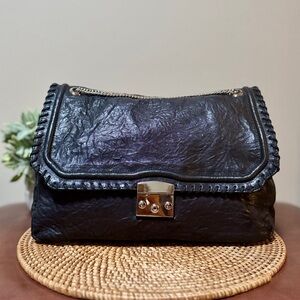 Be & D Vintage Design Shoulder Bag Black Leather with Silver Accents